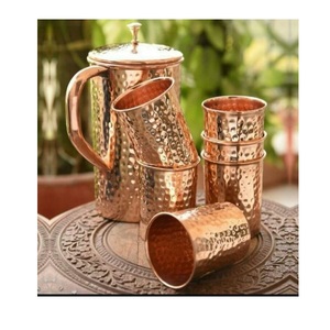 Hammered Shine Finished <b>Copper</b> Jug With Lid & Brass Knob 6 Hammered Glass Set for Serving Water Home Kitchen Use - Product Image 1