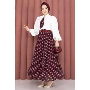 Burgundy Chiffon Women's Summer Set Loose-Fitting Short <b>Top</b> Floral Pattern Skirt Polka Dot Belt Scarf <b>One</b>-Piece Pant Trouser - Product Image 3