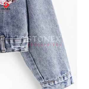 Azul rasgado desgastado otoño moda Casual abrigos cortos otoño señoras recortadas algodón lentejuelas Denim Jean chaquetas personalizadas mujeres - Product Image 3