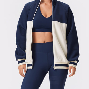 Sweat à capuche zippé de style universitaire pour femmes, tissu tricoté d'automne avec un design de bloc de couleur doublé - Product Image 5