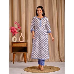 ชุดคุรตะผ้าฝ้ายสีขาวและสีน้ำเงินพร้อมกางเกงขายาวพิมพ์ลายบัตต้า แขนสามส่วน เสื้อสำหรับใส่ในชีวิตประจำวัน - Product Image 4