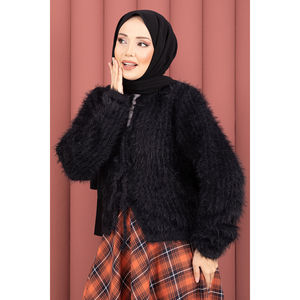 Vera Black Plush Cardigan Front-Tie Casual Bohemian Style Jacquard <b>Wool</b> Material Print Lace for Spring Summer Autumn Winter - Product Image 1