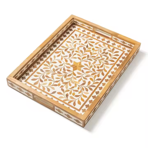 Plateau de service en incrustation d'os avec poignées petit plateau décoratif en os pour table basse organisateur de vanité en os géométrique noir et blanc - Product Image 2