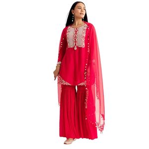 Abito rosso Moti Threadwork Dola Sharara in seta con Organza Dupatta per feste matrimonio indiano e abbigliamento tradizionale - Product Image 4