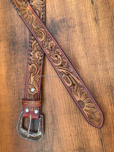 Gran oferta, hebilla de Metal grabada, cinturón de cuero genuino marrón oscuro, cinturones de girasol con herramientas de cuero de grano completo Unisex occidental Premium - Product Image 3