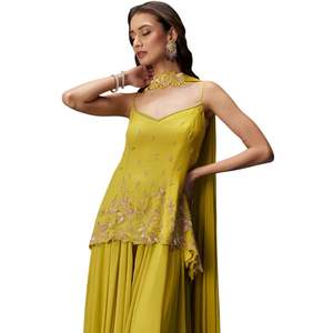 Ensemble Sharara brodé vert citron avec gland Dupatta pour femmes tenues de fête traditionnelles et tenues de mariage indien - Product Image 5