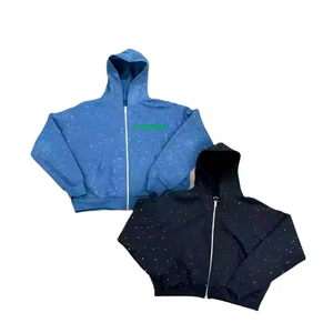 Sweat-shirts à capuche unisexes personnalisés pas chers avec fermeture éclair et strass pour hoodie zippé épais de longueur standard 100% coton - Product Image 6