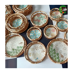 Plateau de service en rotin naturel avec mosaïque de nacre, plateau fait main, plateau rond en rotin avec incrustation de nacre - Product Image 5
