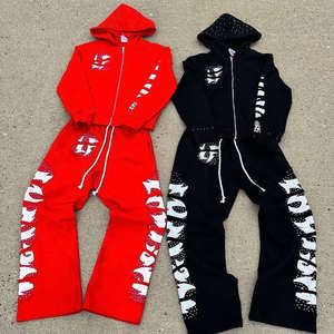 Ensemble de survêtement unisexe d'hiver streetwear uni délavé à l'acide avec sweat à capuche zippé imprimé de strass et pantalon de jogging classique - Product Image 1
