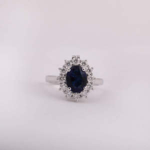 Anillo de compromiso de halo de corte ovalado de estilo clásico con diamante natural y piedra central de diamante de laboratorio azul oscuro joyería de moda de lujo - Product Image 2