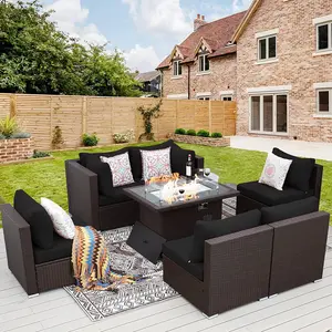 Custom High Quality Weather Proof Backyard Patio Garden Furniture Black Outdoor Sofa Set With Fire Pit