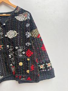 Veste Kantha noire cousue à la main manteau indien fait à la main matelassé Patchwork Kimono respirant Jersey tissu - Product Image 3