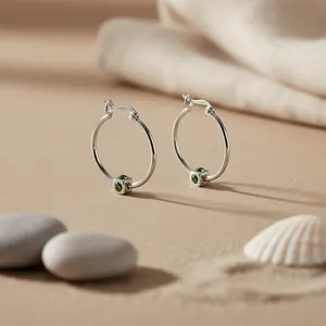 Boucles d'oreilles créoles tendance pour femmes, pierre précieuse verte, or 14 carats, matériau principal plaqué rhodium, motif religieux lune et étoile, or rose - Product Image 1