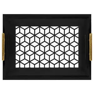 Bandeja de servicio rectangular de laca moderna y asas de metal para mesa de centro de entrada de baño o decoración de tocador - Product Image 3