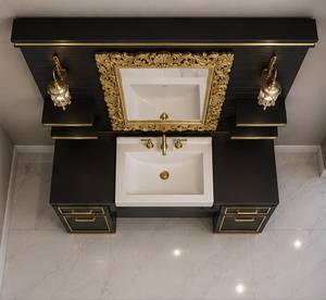 Estación de Trabajo de Barbería Moderna de Alta Gama con Espejo Doble, Marco Dorado, Lavabo y Almacenamiento |   Muebles de Salón para Barberías Decorsall - Product Image 5