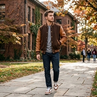 Blouson universitaire en cuir marron personnalisé, style bomber streetwear, avec écussons en chenille, fournisseur OEM ODM marque privée US