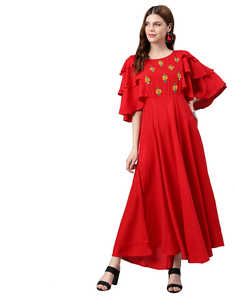 Vestido Étnico Anarkali Bordado de Rayón para Mujer, Largo hasta la Pantorrilla, Cuello Redondo, Manga Media Acampanada, Ropa Tradicional para Ocasiones Especiales, Color Rojo - Product Image 1