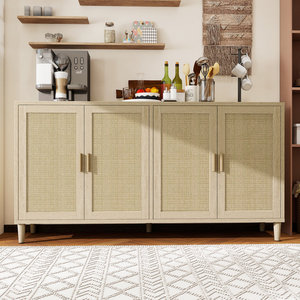 Aparador Moderno DreamCraft de 70 Pulgadas Estilo Vietnamita con 4 Puertas de Ratán, Madera Natural, Diseño que Ahorra Espacio para la Sala de Estar - Product Image 1
