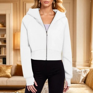 Sudadera con capucha de manga larga de Invierno para mujer Sudadera de moda negra sólida con bolsillos con cordón y cremallera suelta de talla grande - Product Image 3