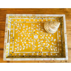 ถาดฝังกระดูกถาดเสิร์ฟถาดไม้ฝังกระดูกถาดตกแต่งกระดูกถาดทรงสี่เหลี่ยมทำด้วยมืออินเดีย - Product Image 1