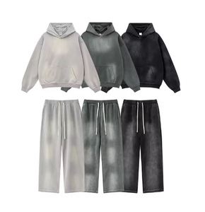 Ropa de calle Sun Faded Distressed Plus Size Sudaderas con capucha para hombre Drop Shoulder Plain Acid Wash Hoodie Chándales para hombre - Product Image 1