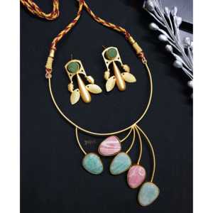 ชุดสร้อยคอและต่างหูหินดีไซน์เนอร์เครื่องประดับสีทองชั้นดี - Product Image 2