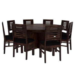 Ensemble de table à manger ronde de style européen moderne, table en bois massif rustique, chaises avec siège en cuir, 8 places, bois de teck et de mangue, utilisation hôtelière - Product Image 2