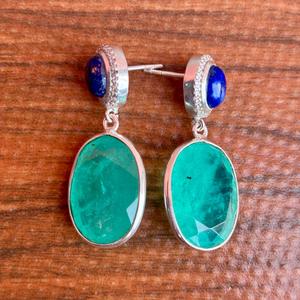 Boucles d'oreilles ovales artisanales Pariba Tourmaline et Lapis Lazuli bleu avec placage en argent bijoux élégants en pierres précieuses pour femmes - Product Image 1