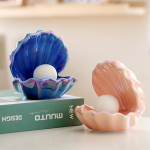 Joli plateau de rangement en céramique en forme de coquille avec <span class=keywords><strong>veilleuse</strong></span> LED <span class=keywords><strong>à</strong></span> piles pour la décoration intérieure, la chambre d'enfant, la présentation de bijoux et la décoration d'aquarium - Product Image 2