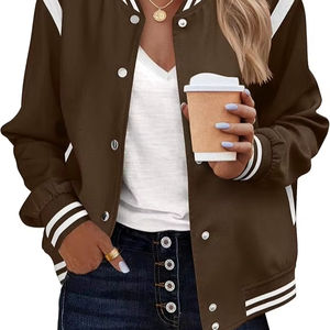 Veste bombardier femmes Varsity décontracté boutonné léger printemps vêtements d'extérieur courts avec poches - Product Image 6