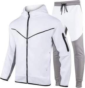Ensemble sweat à capuche et jogging 100% coton molletonné à fermeture éclair pour hommes, survêtement d'hiver à motif solide, Techniques imprimées - Product Image 1