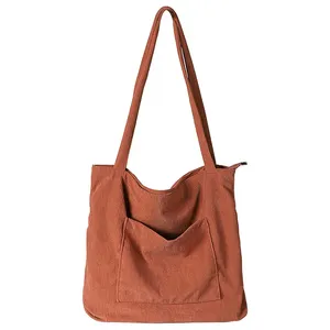 New Product Shopping Shoulder Corduroy Tote Bag Custom Private Logo Corduroy Tote Bag Zipper