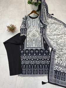 Traje de algodón falso Shalwar Kameez de la mejor calidad con estampado digital y trabajo impreso listo para usar Kurta para funciones de boda - Product Image 4