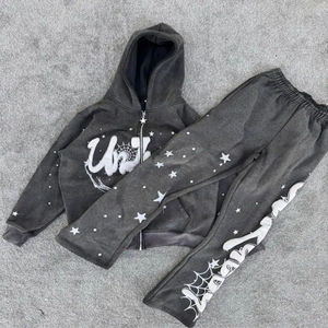 Ensemble sweat-shirt et pantalon de survêtement oversize en molleton délavé à l'acide, style streetwear, imprimé à l'écran, réversible, coupe ample, pour l'hiver - Product Image 1