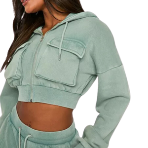 Conjunto personalizado de dos piezas de algodón 100% para mujer, nuevos chándales informales de Color sólido para mujer con bolsillo frontal, Top corto - Product Image 3