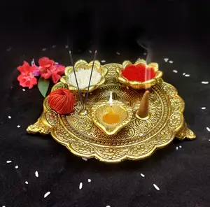 Gold Plated Oxidized Pooja Thali with Diya Diwali Return Gift Wedding Favor Indian Festival Decorative Thali