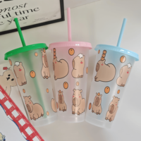 Gobelet en plastique transparent de 24 oz avec couvercle, réutilisable, pour café glacé, imprimé animaux mignons, vaisselle de voyage, vente en gros personnalisée