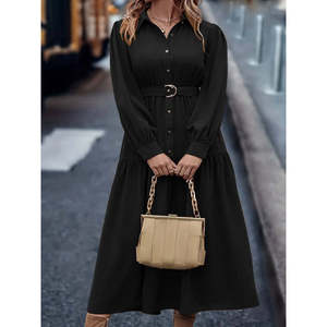Vestido Maxi Elegante de Manga Larga con Cuello y Botones Delanteros para Mujer de Jane, con Cinturón Metálico, para Uso Diario, Modelo 32656 - Product Image 4