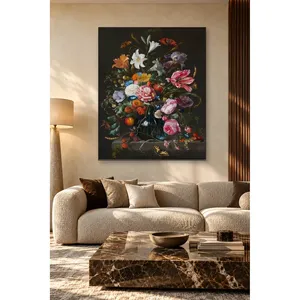 Bouquet de fleurs baroque Fida avec papillons sur fond foncé, impression sur toile - Product Image 1