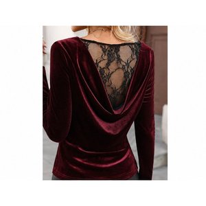 Blusa de terciopelo de manga larga con cuello en V y detalle de encaje en la espalda para mujer, 37622 - Borgoña - Product Image 1