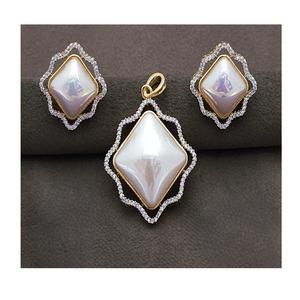 Gold Plated Brass CZ Stones Pendant <b>Set</b> <b>Necklace</b> with Link Chain and Earrings for Women's <b>Wedding</b> - Product Image 1