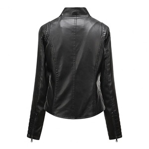 Heavy <b>Weight</b> Slim Fit Women's Faux Leather Jacket Long Sleeve Pullover <b>Stand</b> Collar Zipper Placket High Biker Outwear Varsity - Product Image 5