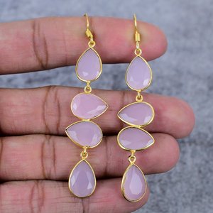 Boucles d'oreilles pendantes en forme de poire en argent sterling plaqué or avec pierre précieuse en calcédoine rose, cadeau tendance pour les fêtes, pour femmes - Product Image 2