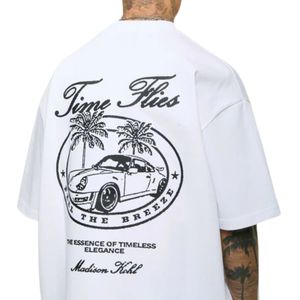 Time Flies camiseta de gran tamaño blanco 300 GSM algodón peso medio Jersey ajuste relajado Boxy hombro caído cuello acanalado ropa de calle de lujo - Product Image 4