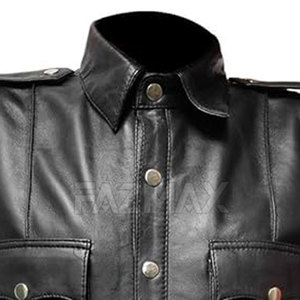 เสื้อเชิ๊ตหนังผู้ชายสีดำผ้าซาตินมีกระดุมสำหรับใส่บ็อกซี่ทรงหลวมดีไซน์หรูหรางานตามสั่ง - Product Image 5