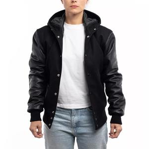 Chaqueta Universitaria Negra con Capucha, Mangas de Cuero Genuino, Chaqueta Bomber Personalizada con Letras para Hombre, Mujer, Unisex - Product Image 1