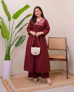 ชุดกางเกงเคอร์ติทรงเอไลน์สำหรับผู้หญิงผ้าฝ้ายปักลายแบบอินเดียสำหรับเสื้อผ้าปากีสถาน - Product Image 1