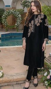 TENDANCE-DESIGNER 2025 velours tissu Kurta pantalon & Dupatta robe embelli cristal perles de verre dentelle taille naturelle tenue de fête - Product Image 2