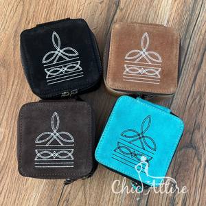 New <b>Black</b> <b>Boot</b> Stitch Suede Leather Square Jewelry Box Western Jewelry Storage Box Women's Travel Portable Zipper Jewelry Case - Product Image 1