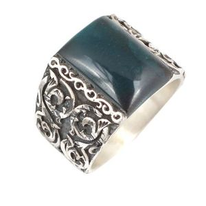 925 Sterling Silver Men's Handcrafted <b>Ring</b> with Green Pressed Amber Stone and Pen Design Turquoise Bezel Setting Everyday Wear - Product Image 2